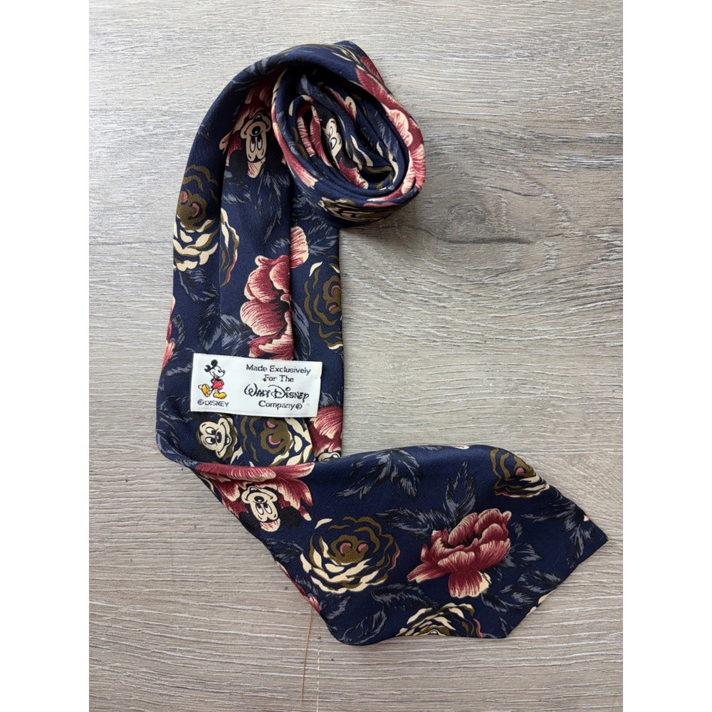 Vintage Walt Disney Company Mickey Mouse Floral Navy Blue Silk Necktie Tie